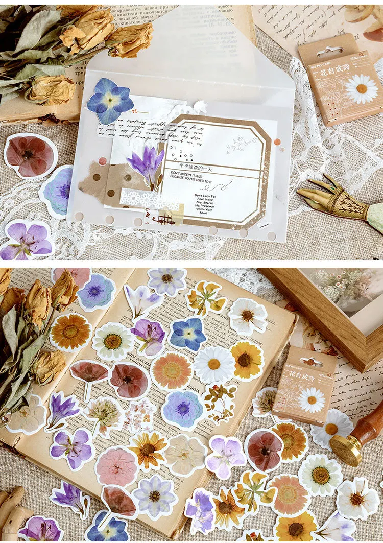 45 Pcs Fresh Flowers Sticker Set Cute Scrapbook Decoration for Kid DIY Arts Crafts Journaling Album Junk Journal