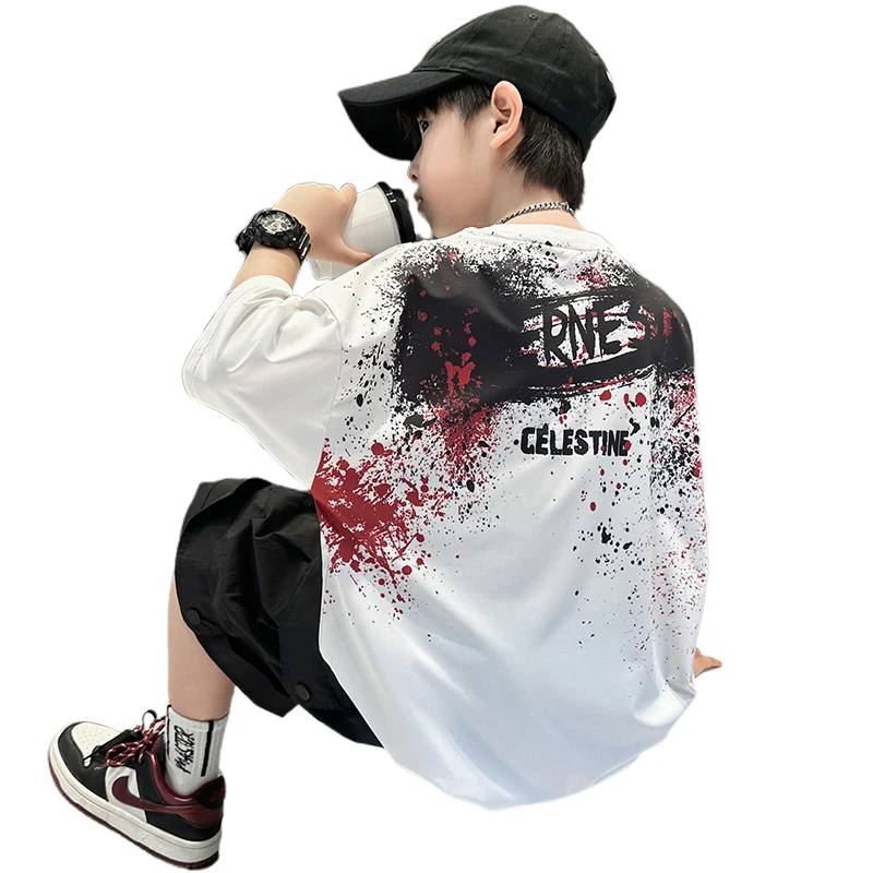 Stylish Kids Summer Short Sleeve Polyester Quick Dry Tshirts with Drawings for Tween Boy Fashion Breathable T-shirt Children