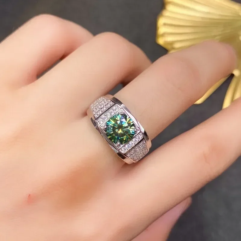 

2 Carat Green Color Moissanite Wedding Band Men Ring 925 Sterling Silver Engagement Rings for Man with GRA Certificate Gift
