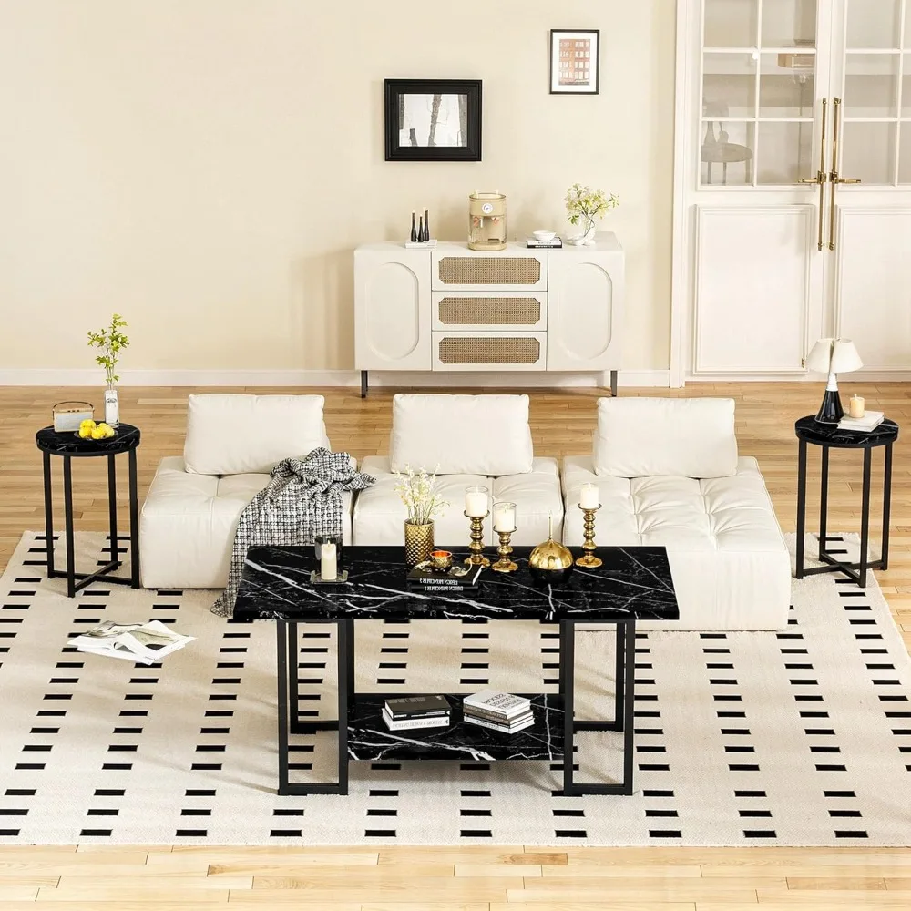 3-Piece Living Room Furniture Set: Faux Marble Coffee Table and Two Round End Side Tables with Metal Frame