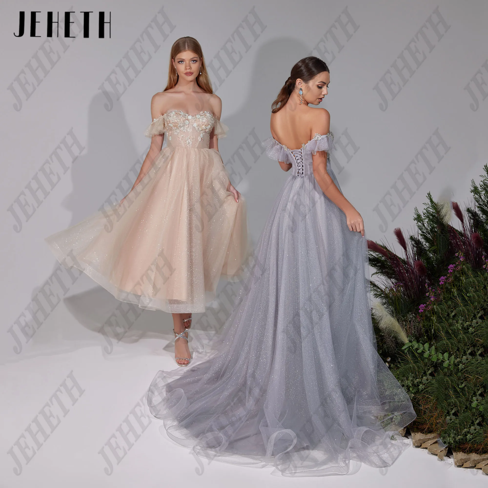 

JEHETH Shiny A-Line Prom Dresses Sweetheart Off Shoulder Glitter Homecoming Party Gowns Lace Up Cocktail Dresses Customized