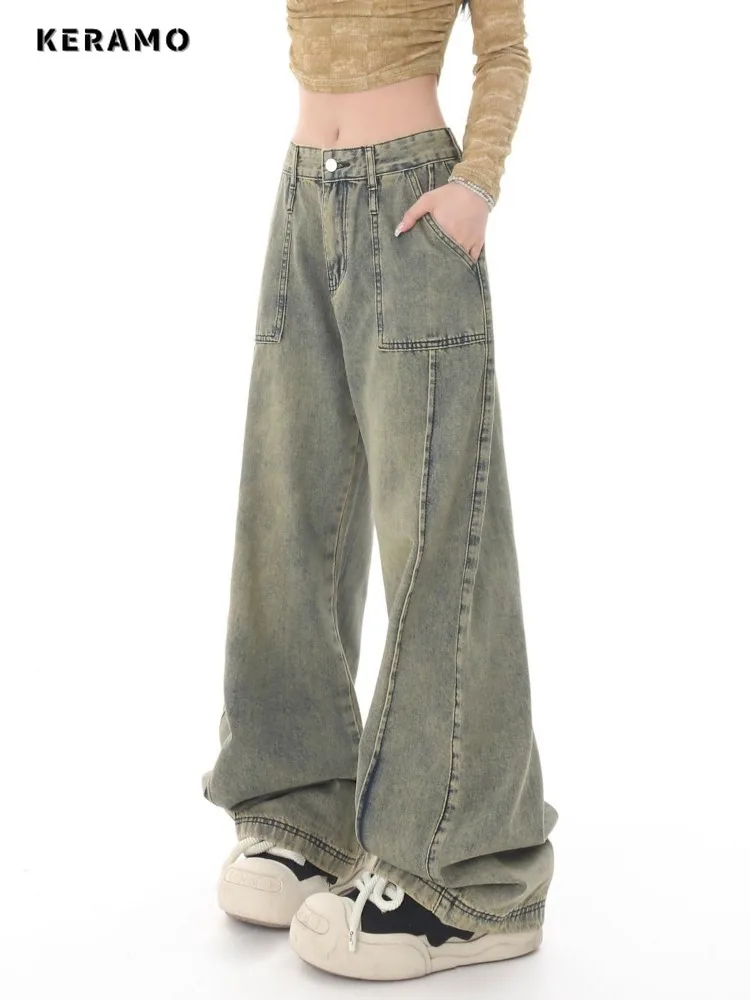 Jean droit taille haute vintage américain pour femme, pantalon baggy délavé des années 2000, jambe large, grunge, surintendant ser, Y2K