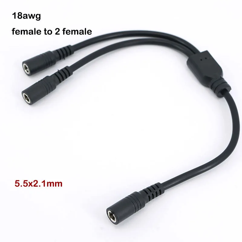 10pcs 30CM 18awg 3 way DC female power adapter Splitter cable 1 female to 2 female 2 Way 5.5*2.1mm Connector Supply Extension P1