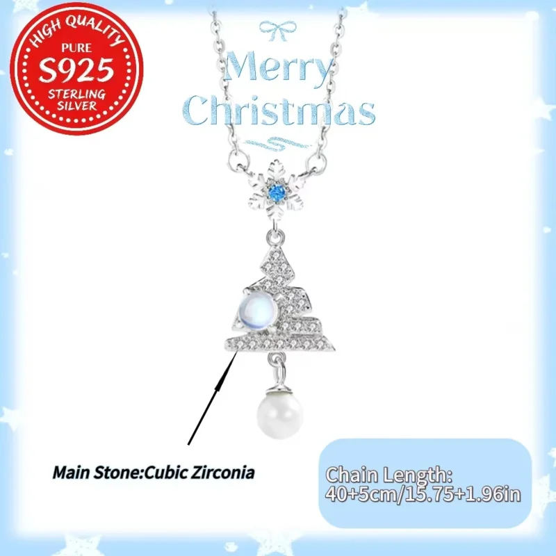

Christmas Tree Necklace, 925 Sterling Silver Zirconia Pearl Pendant, Women's Holiday Jewelry Gift, Adjustable 45cm Chain