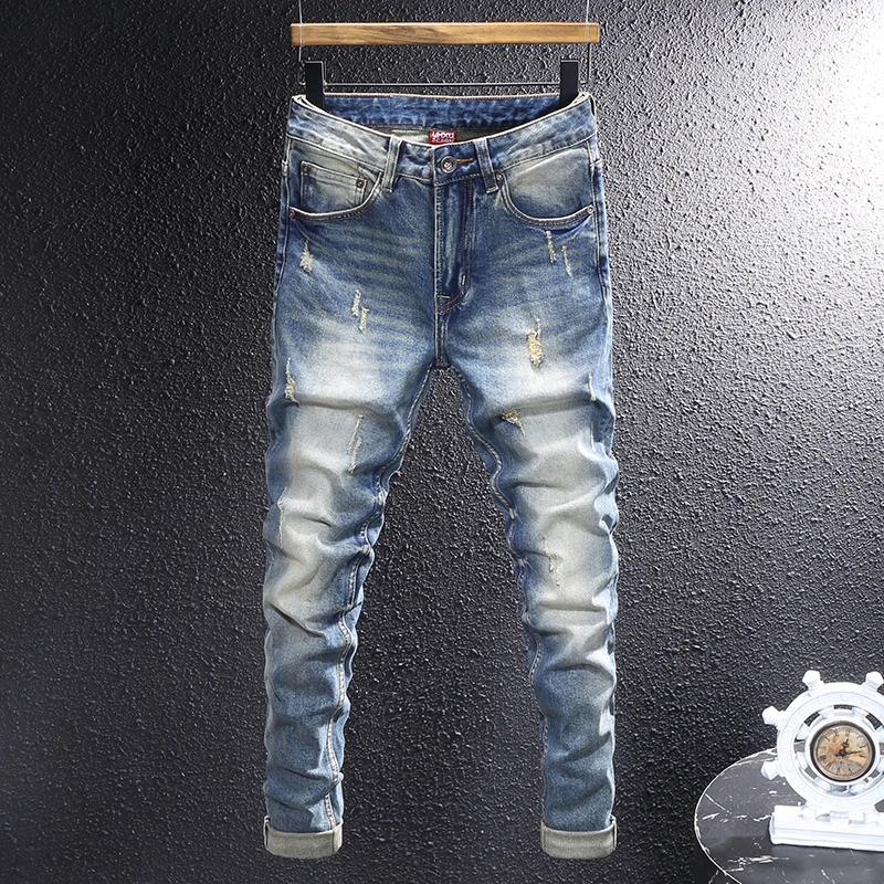 Designer de moda calças de brim dos homens alta qualidade retro azul estiramento fino ajuste rasgado jeans masculino estilo italiano vintage denim calças hombre