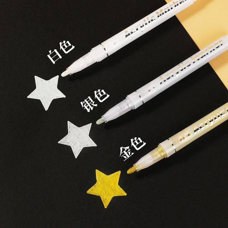 3Pcs/Set High-gloss Acrylic Markers Gold,Silver and White Painting Graffiti Pens, Waterproof Ink, Water-based Acrylic Markers