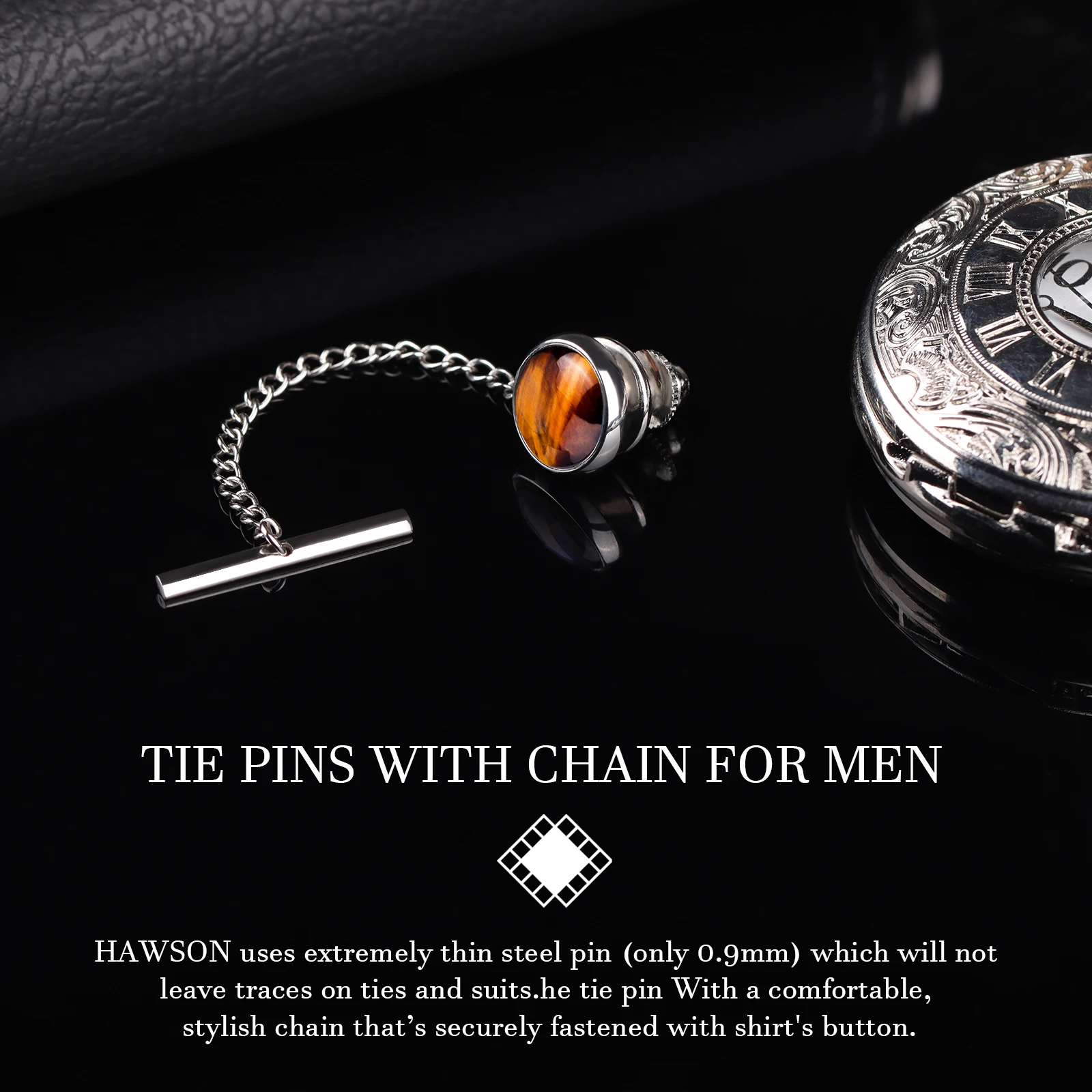 Men\'s HAWSON 0.9mm Thin Steel Tie Pins with Chain - Abalone/Tiger Eye/Mother-of-Pearl Stone Tie Tack for Business Accessories