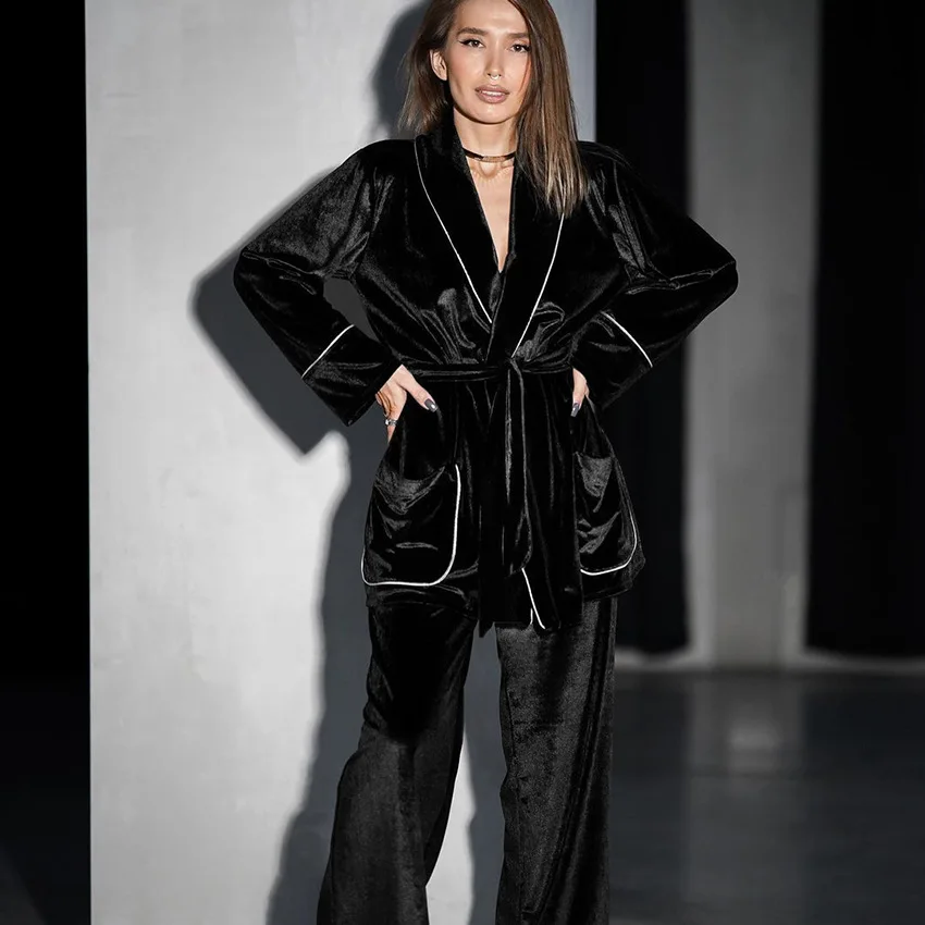Fashion Black Velvet Female Pajamas Two-Piece Set Autumn Winter Long Sleeve Trouser Suits Lounge Wear Loose V-Neck Sleepwear image 2
