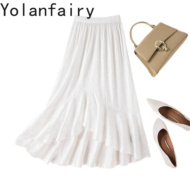 

YOLANFAIRY 93% Real Mulberry Silk White Skirt for Women Double-sided Jacquard Satin Skirt Irregular Ruffled Edge Elegant Skirts