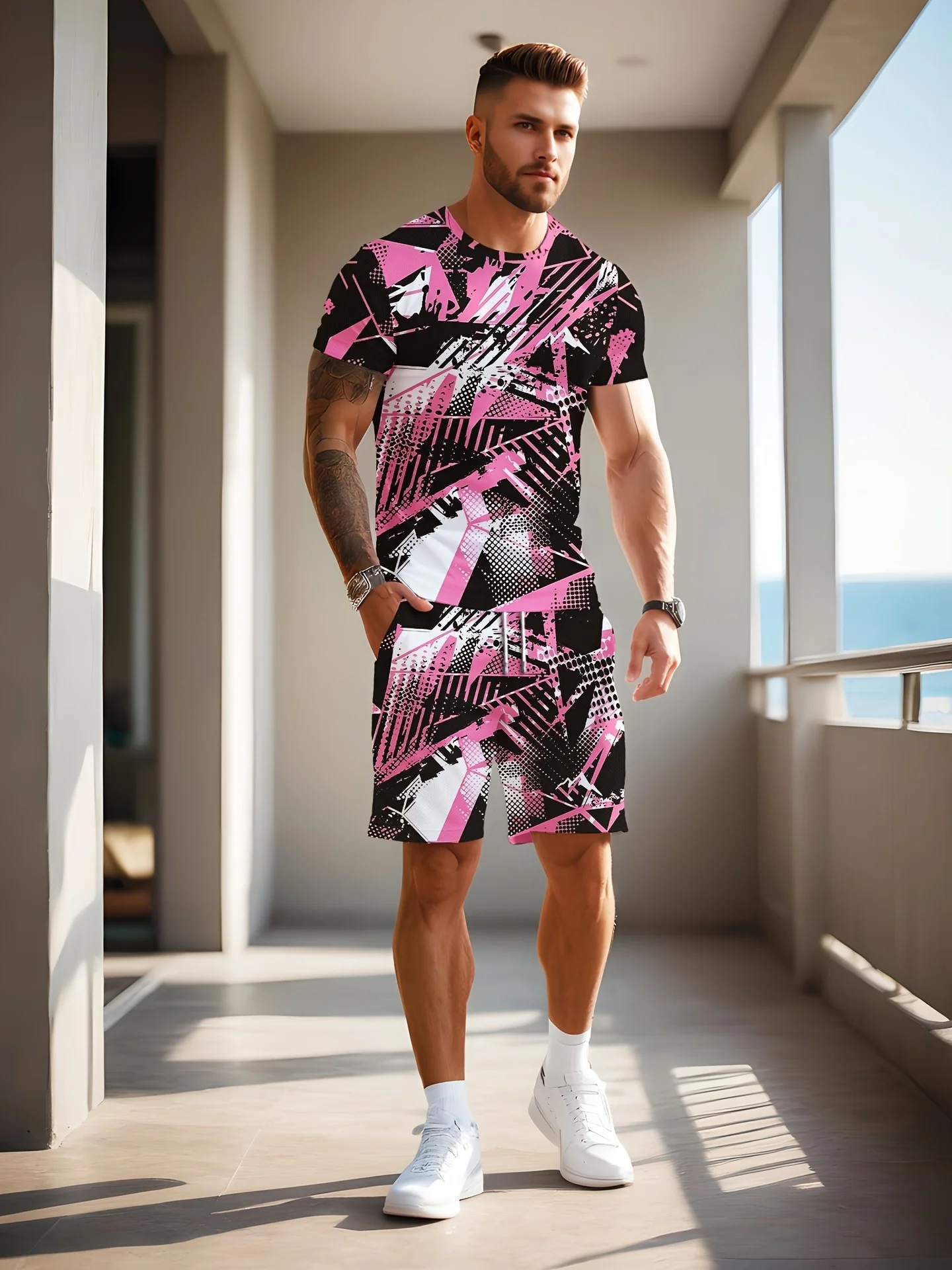 

2025 Latest Hot T-shirt Set 3D Vacation Style Trendy Various Elements Fashionable Street Men's Set Summer Top Shorts Breathable