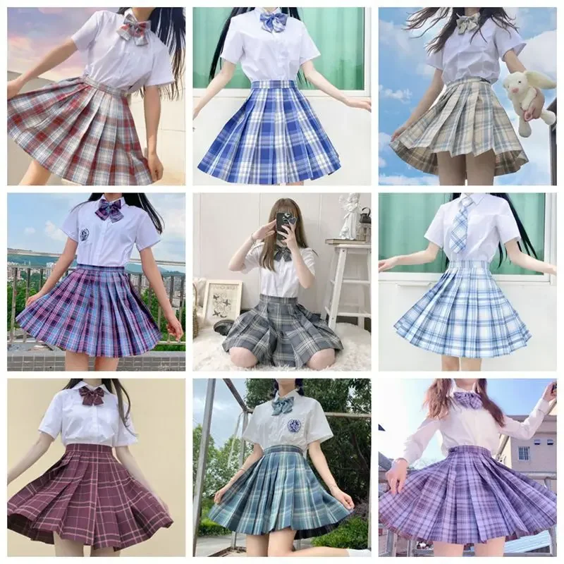 School Girls Uniform Pleated Skirts Japanese School Uniform High Waist A-line Plaid Skirt Sexy JK Uniforms For Woman Full Set