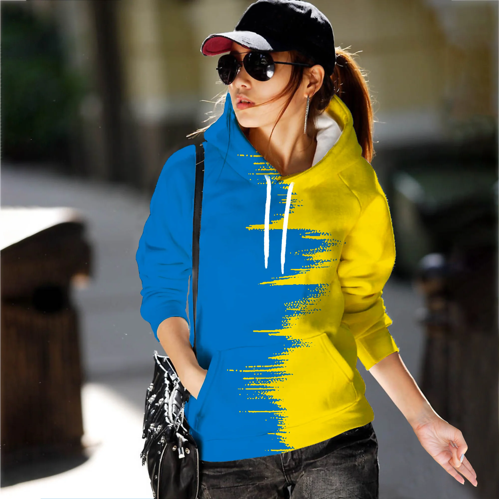 2022 New Oversize Hoodies Blue Yellow Ukraine Flag Women Pulovers Hip Hop Hooded Loose Hoodie Women Sweatshirts Female Tops