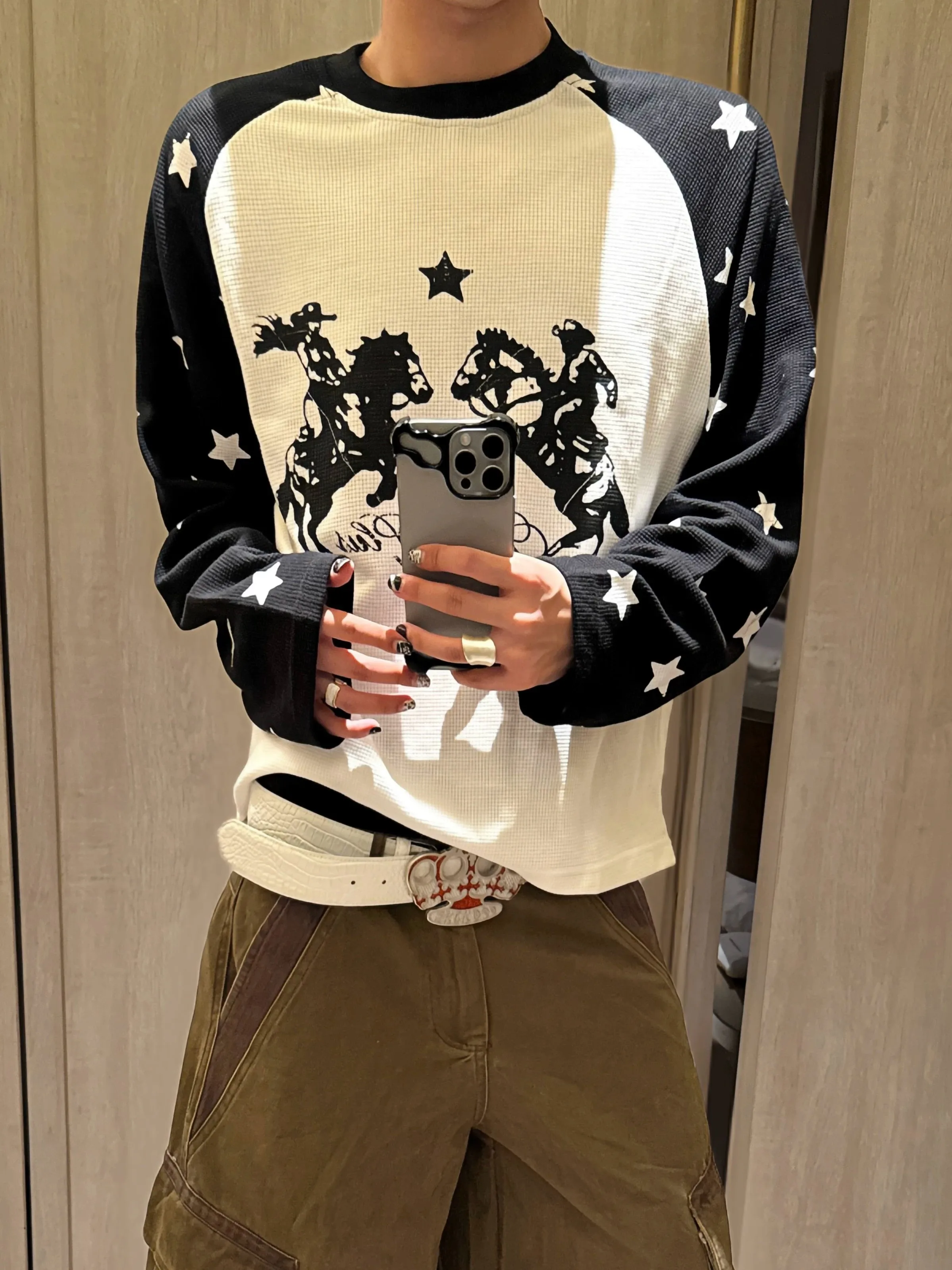 Korean Street Style Long Sleeve T-Shirt Unisex Vintage Trend Shoulder Insert Sweatshirt Star  Print Color Block Polyeste...