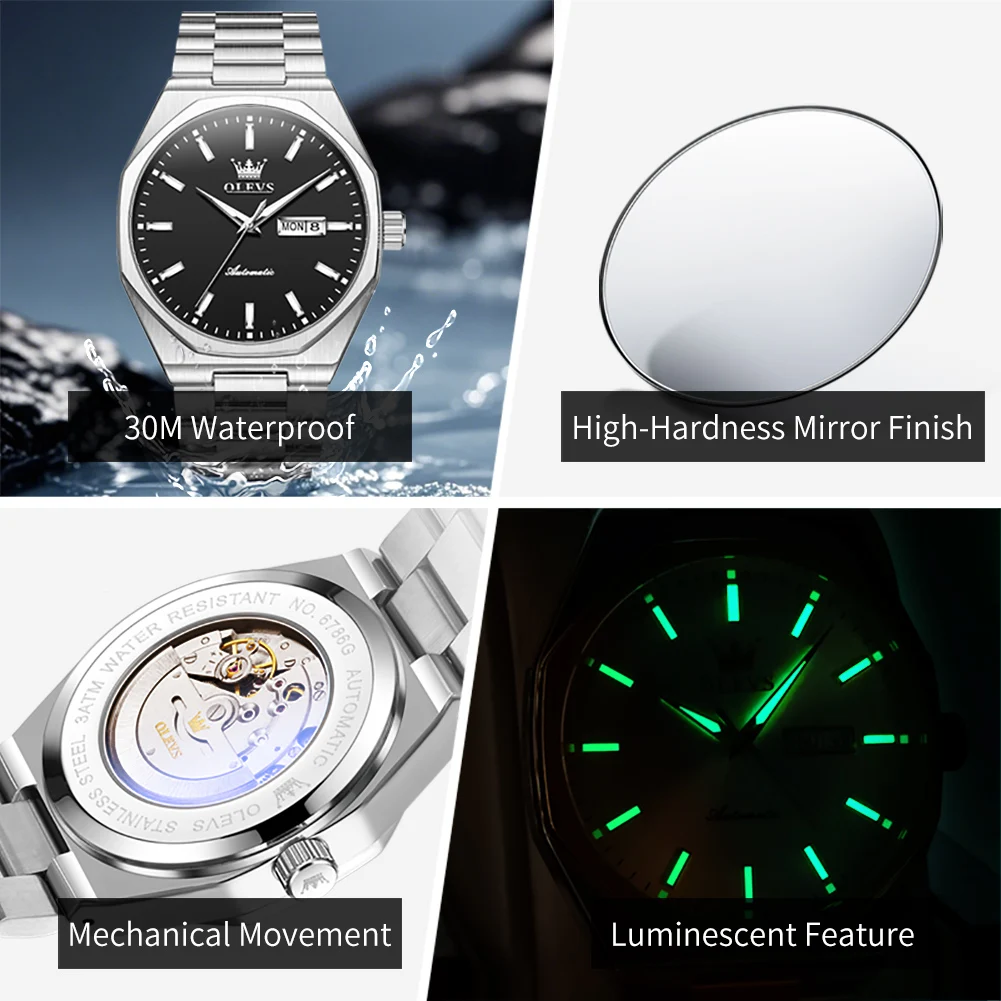 OLEVS Brand Original Luxury Mechanical Watches For Men Dual Calendar Waterproof Luminous Stainless Steel Trend Mens Watch Reloj