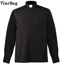 Formal T-shirt Suit Mens Blessed Priest Clergy Black Shirt Stand Collar Contrast Tag T-Shirt Top for Preacher Formal Occasions