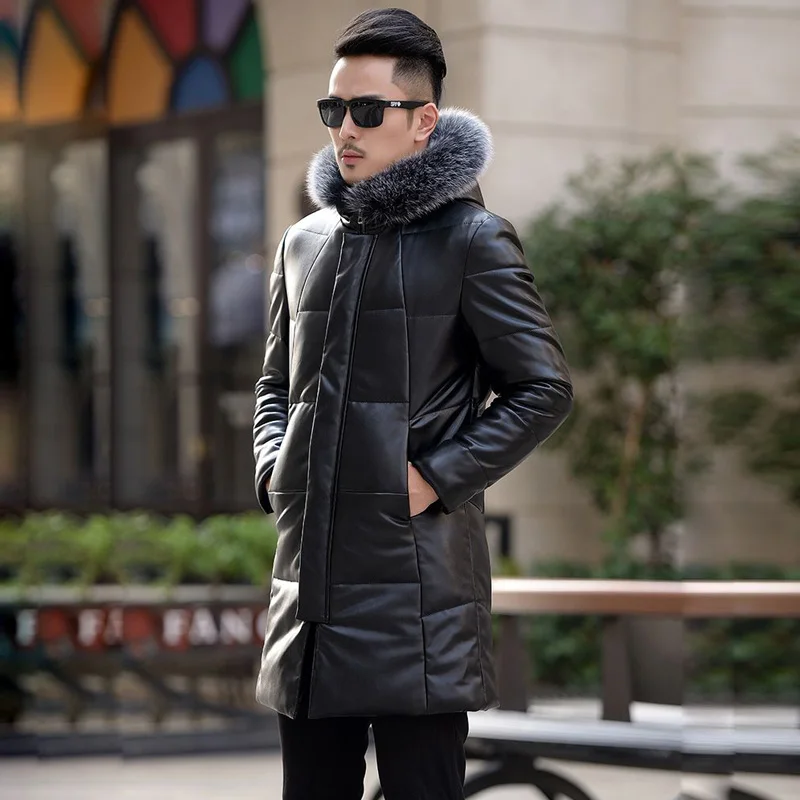 Down Jacket Genuine Leather Jacket Men\'s Mid Length Slim Fit Hooded Sheepskin Coat Man Puffer Jacket Winter Thicken Windbreaker