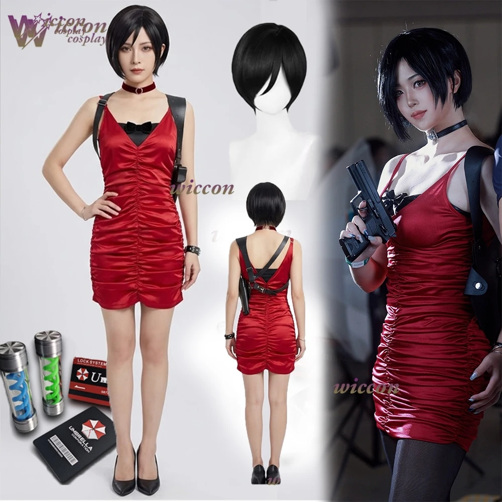Halloween Evil Cosplay Biohaazard Outfit Props Women Sexy Full set Resident 2 4 Ada Wong Cosplay Costume Red Dress Gown