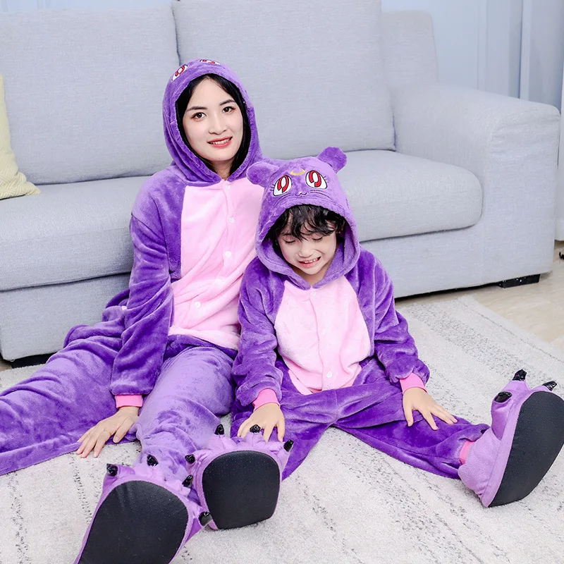 Kigurumi Adult Cat Onesie Women Men Couple Winter Onepiece Animal Pajama Nightie Sleepwear Flannel Anime Cartoon Cosplay Costume