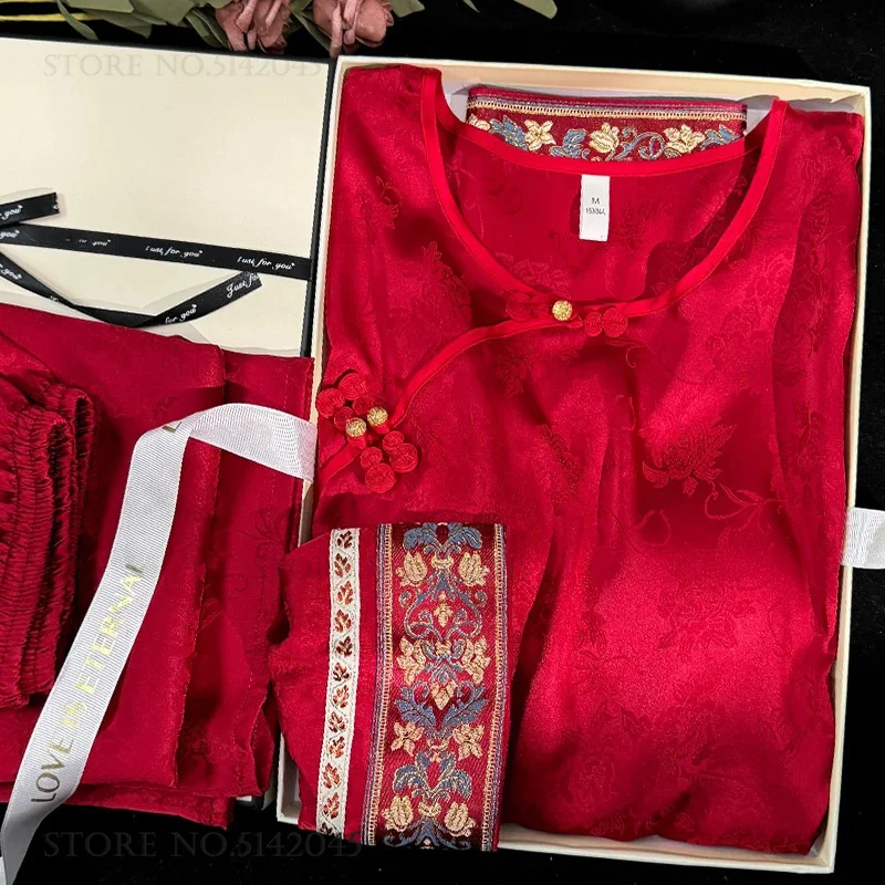 

Новый комплект женской пижамы в китайском стиле из 2 предметов: элегантный жаккардовый костюм с вышивкой, брюки и рубашка, домашняя одежда свободного кроя