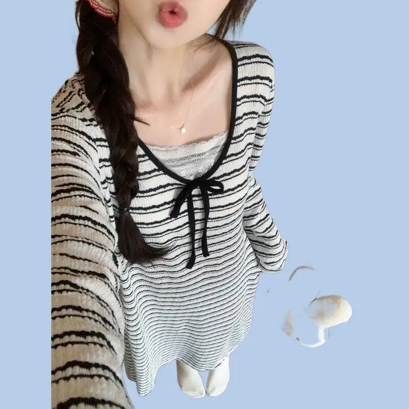 Hot Spring Autumn New Women Mid To Long Length Long Sleeved Nightgown with Chest Cushion High-End Striped Loose Dress Home Wear
