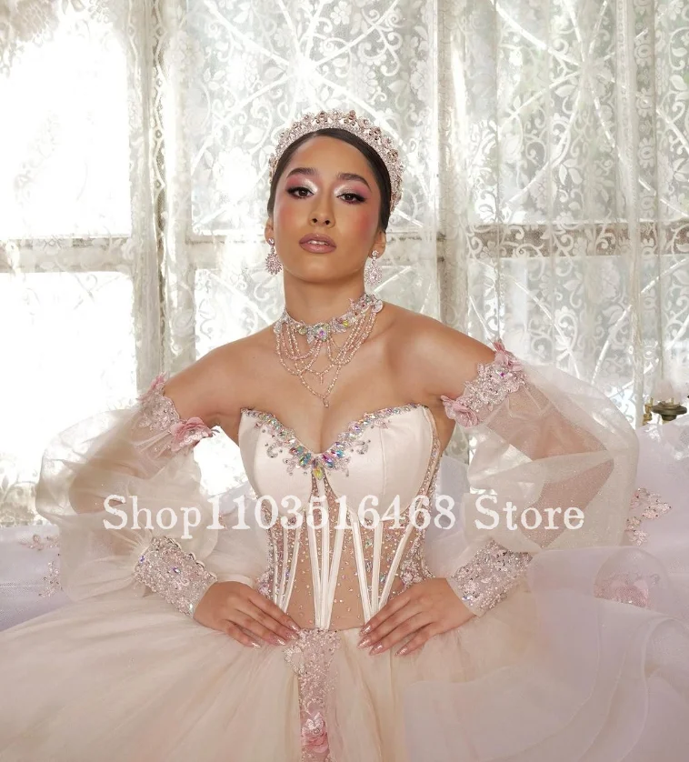 Princess Pink Quinceanera Dresses 2024 Luxury Chapel Train Sweetheart Neck Corset Wedding Dresses Removable Sleeve 16 Dress