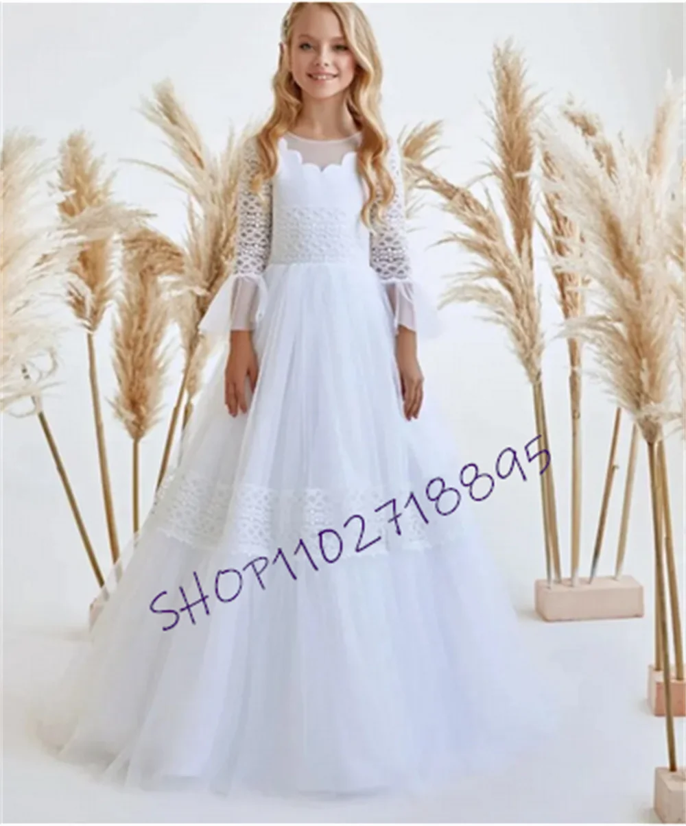 Neues reinweißes Blumen mädchen kleid für Hochzeit mit langärmligem O-Ausschnitt Prinzessin A-Linie Erstkommunion kleid