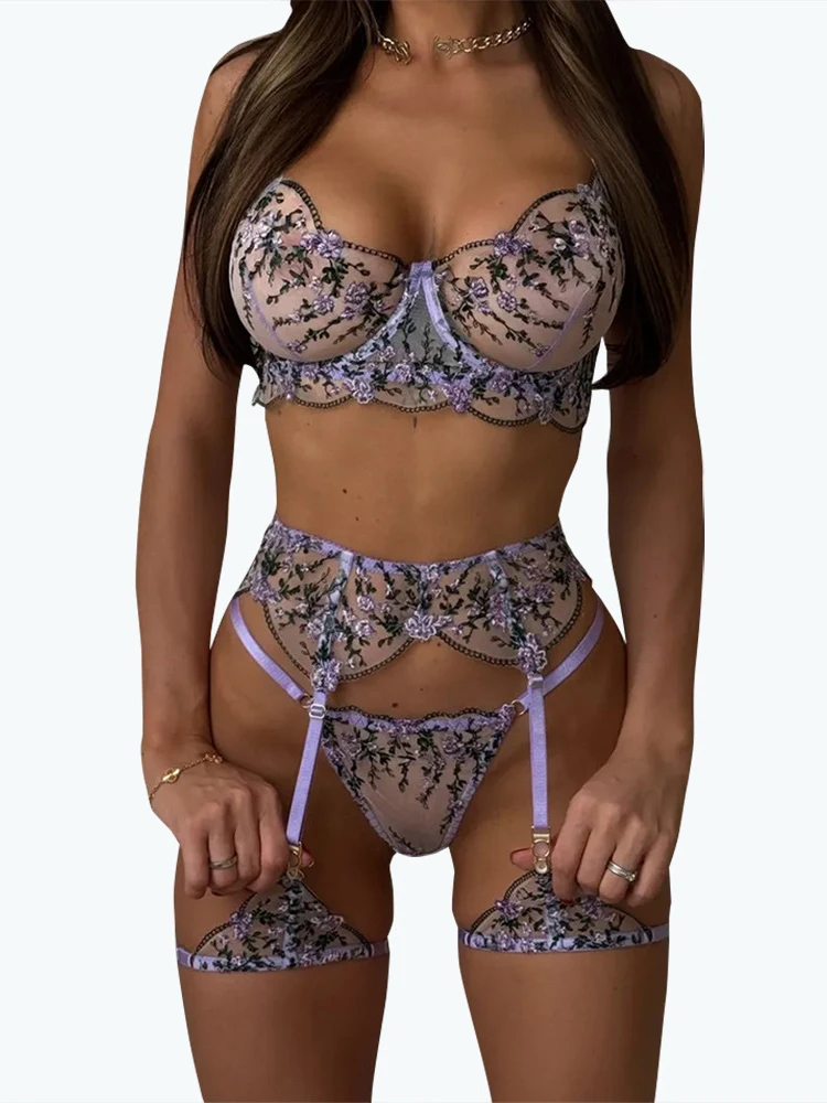 

Belamimi Floral Embroidery Lingerie Set Sexy Transparent Lace Bra And Panty with Garter Belt Romantic Fine Women's Underwear