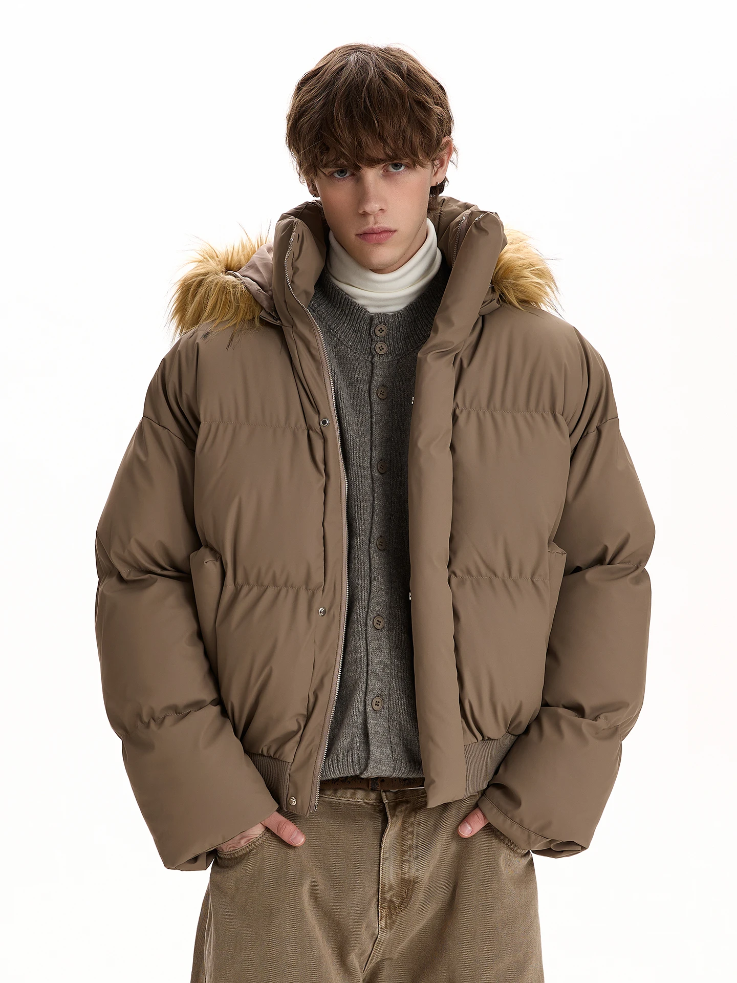 

Мужская теплая хлопковая парка PUEE в американском ретро-стиле с капюшоном, отделкой из меха и утеплителем Bread Sle