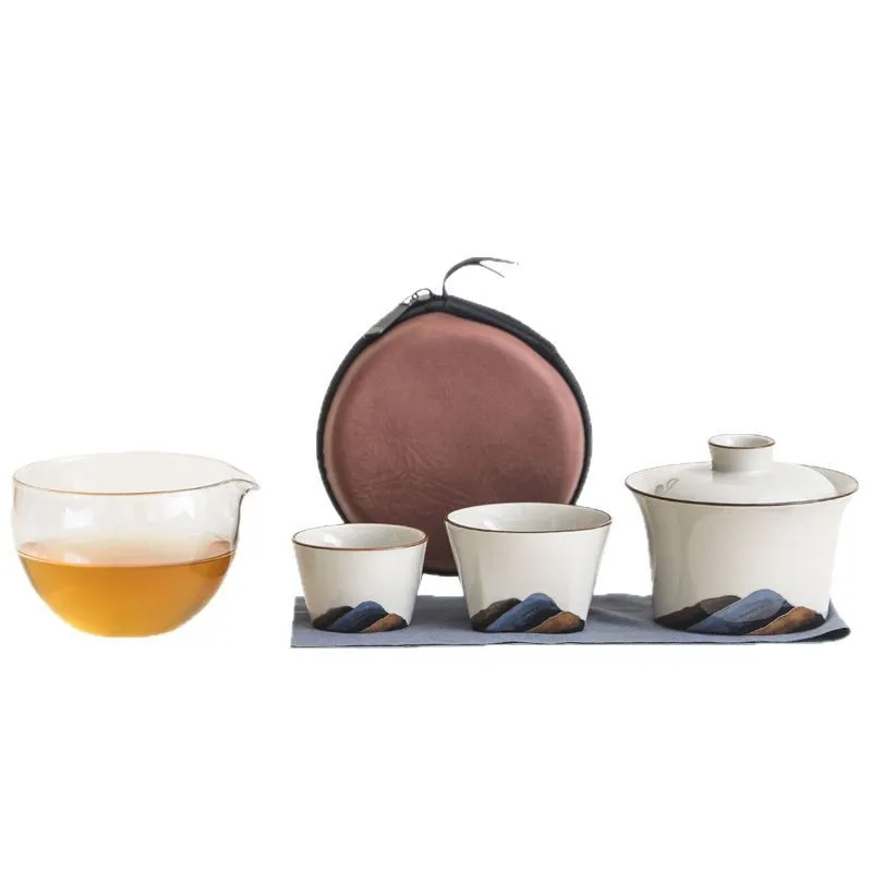 Mountains and Rivers of Grass and Wood Ash Travel Tea Set Portable Ceramic One Pot Two Cups Kuaike Cup Chinese Tea Set