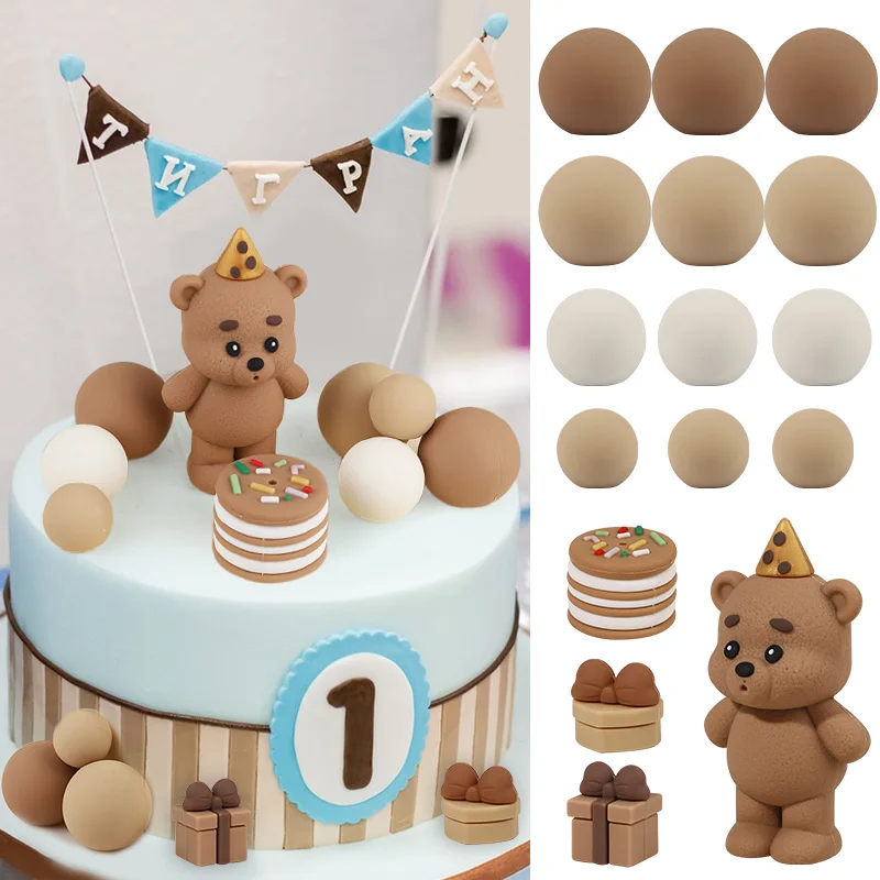 16 Stück niedliche braune Bären-Kuchenbälle, Topper-Set für Kinder, Jungen, Mädchen, 1. Geburtstag, Party-Dekoration, Gastgeschenke, Zubehör, Babyparty, Kuchendekoration