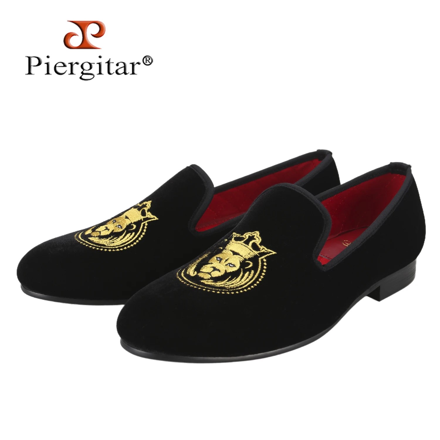 Piergitar Black And Burgundy Velvet Men's Loafers With Gold Lion Embroidery For Fashion Party And Prom Handmade Slip-On Slippers