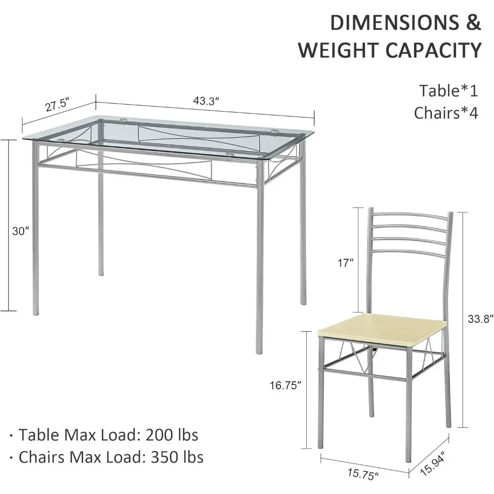 5 Piece Dining Table Set for 4 with Chairs Glass Top Small Space Silvery Simple Assembly Sturdy and Stable