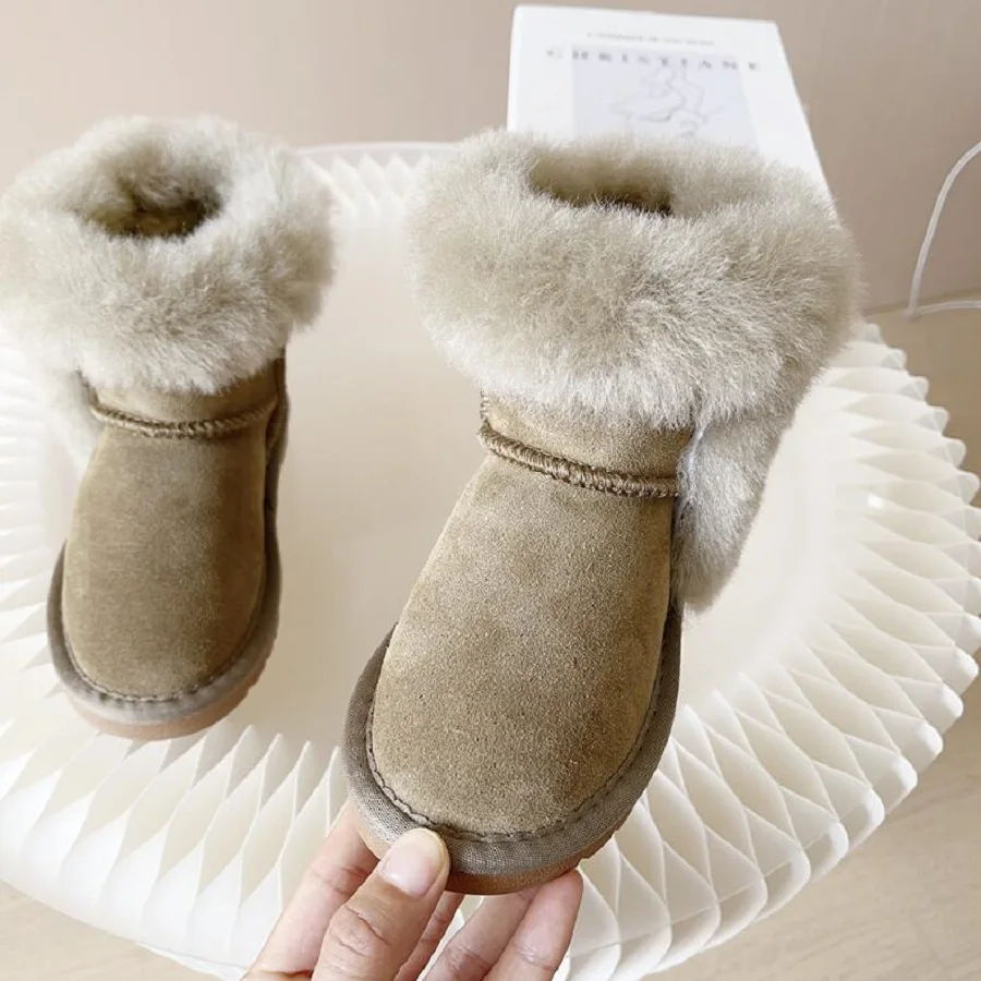 Winter Children's Snow Boots Girls' Alpaca Cute Baby Thickened Wool Snow Cotton Shoes Non slip Men's Boots Chestnut Antelope Bro