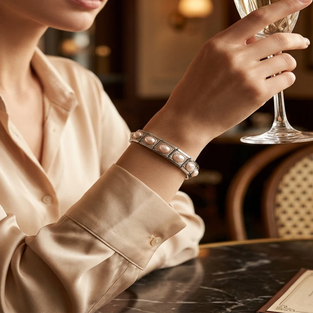 Fashion Italian Style Modular Bracelet Oval Pearl Inlaid Gold Edge Stainless Steel DIY Charm Links for Women Daily Wear Gift