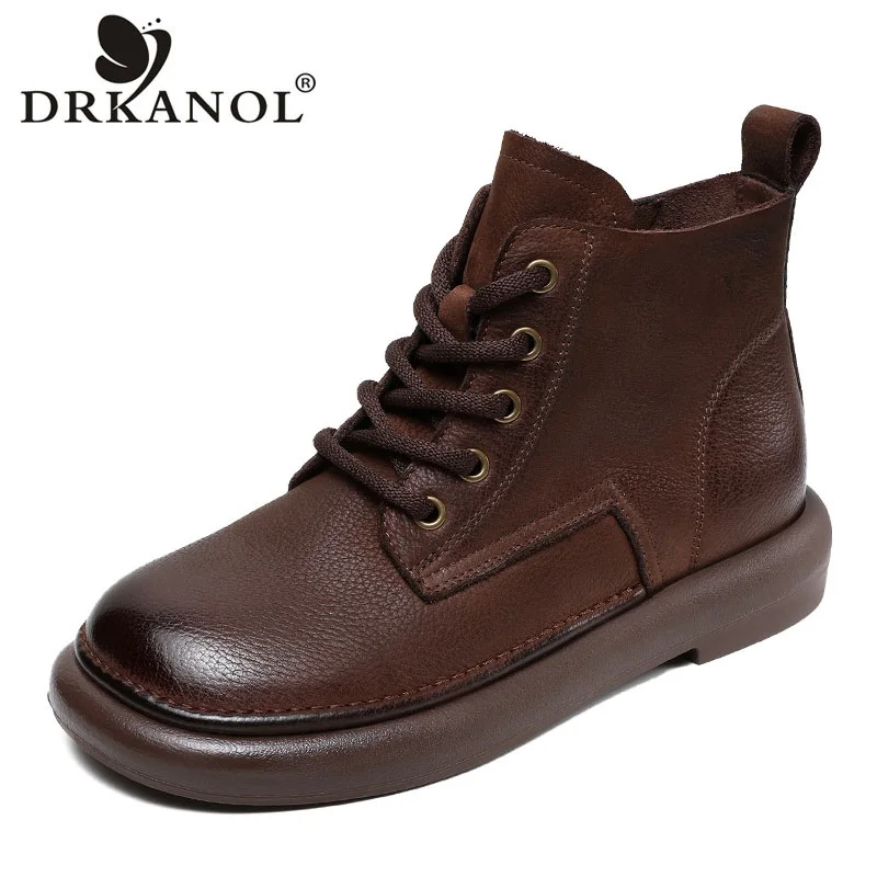 

DRKANOL 2025 женские ботильоны из натуральной кожи, осенне-зимние теплые ботинки на плоском каблуке ручной работы в стиле ретро в литературном стиле, удобные меховые ботинки