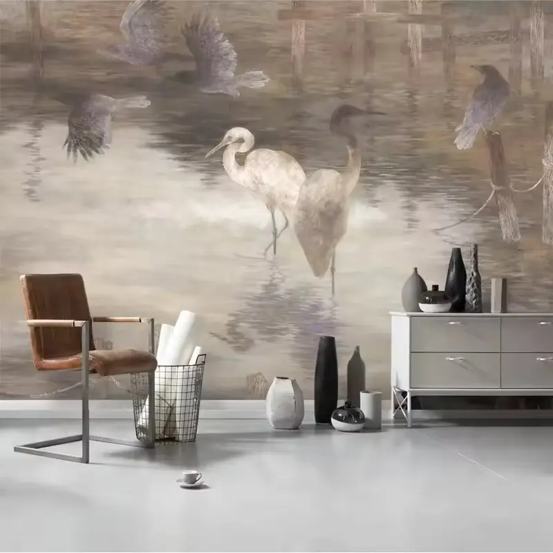 Retro Home Decoration 3D Photo Mural Paper Nature Lotus Pond Crane Wallpaper for Bedroom TV Background Wall Painting Large Size