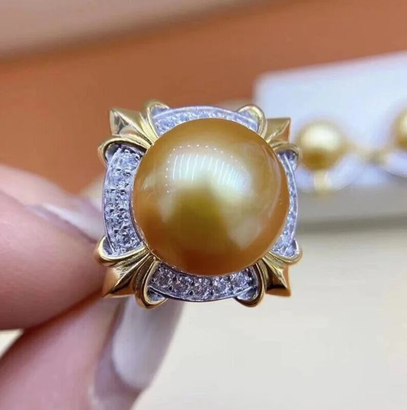 

Huge AAAAA 12-13mm Genuine Natural South Sea Golden Stud Pearl Ring 925s