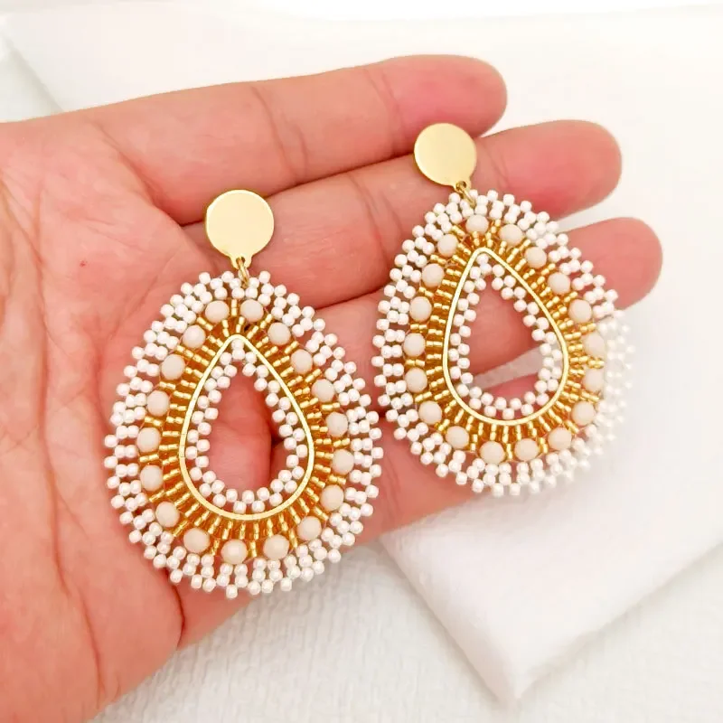 Bohemia Rice bead earrings Water drop Off-white Crystal Hand weaving Ethnic style A sense of sophistication Original text Retro