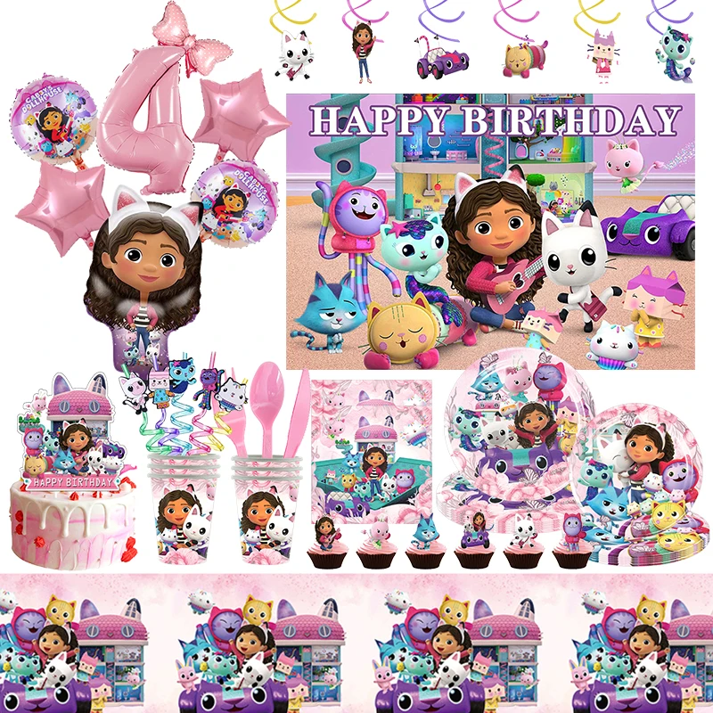 Gabby Dollhouse Cats Birthday Decorations Disposable Tableware Set Straw Bag Balloons Backdrop Baby Shower Party Supplies