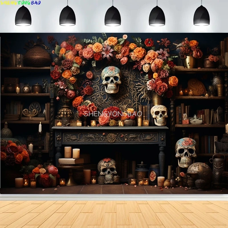 

Day Of The Dead With Floral Ornaments Photography Backdrops Skulls Halloween Magic Costumes Scary Stories Background DV-04