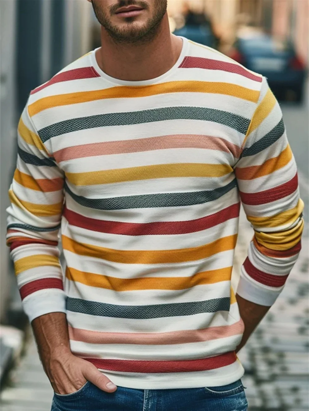 Men's 3D Printed New Simple Colored Stripes Round Neck Long-Sleeved T-Shir Fashion Spring Daily Casual Street Wear Men T-Shirts