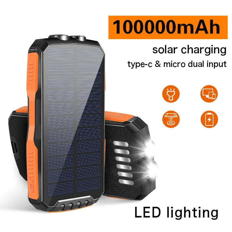 

New Type 100000 Mah Wireless Power Bank Mobile Power Solar Portable Outdoor Flashlight Large Capacity Dual USB