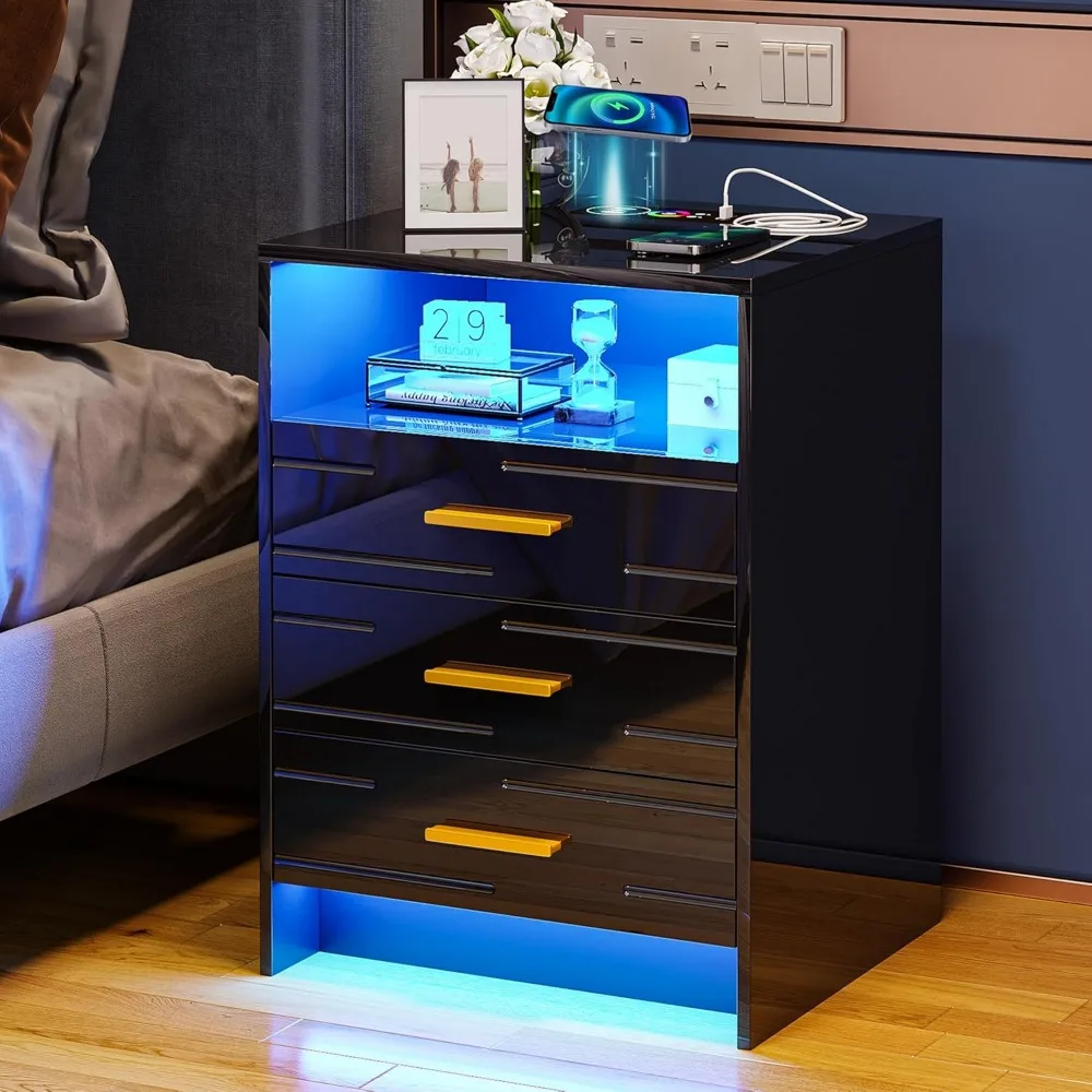 

Nightstand with Wireless Charging Station and Lights, Modern Bedside Table with Human Sensor for Bedroom,Customized