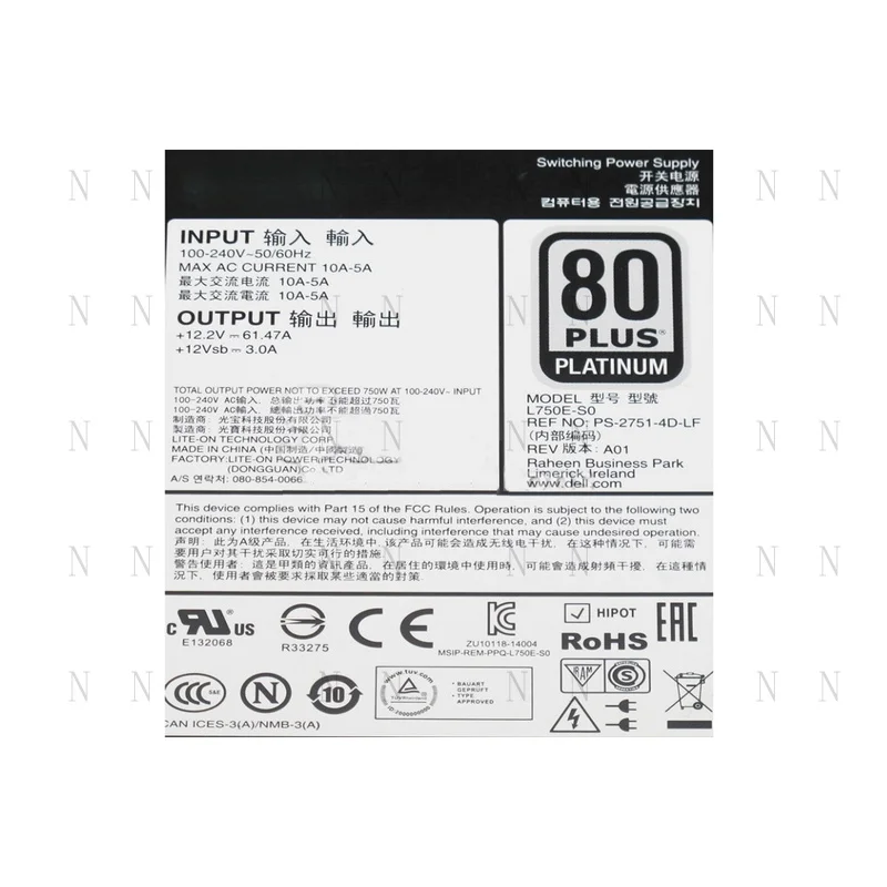 XQ  FOR Dell 750W 80 Plus HS Power Supply R630 R730 G6W6K V1YJ6 HTRH4 5RHVV Y9VFC