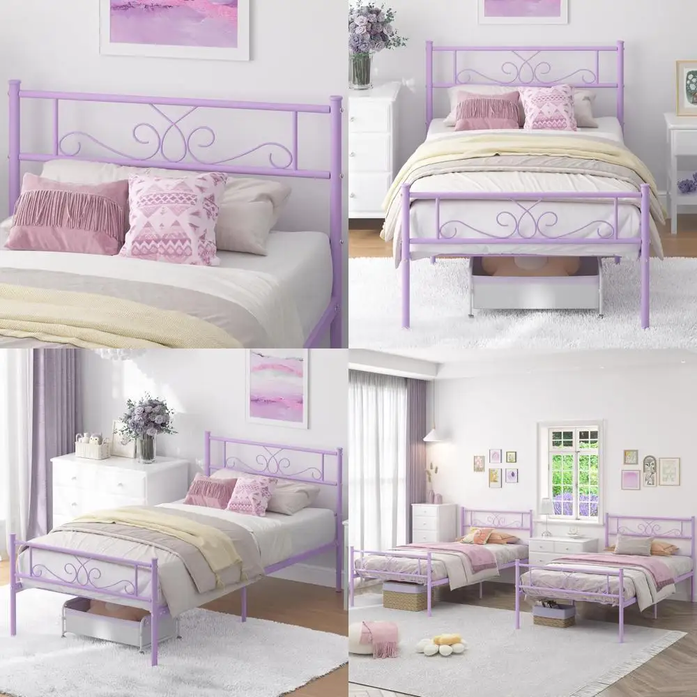 

Фиолетовый двуспальный металлический каркас кровати с изголовьем, изножьем и опорой для планок — коробчатая пружина не требуется, простая сборка