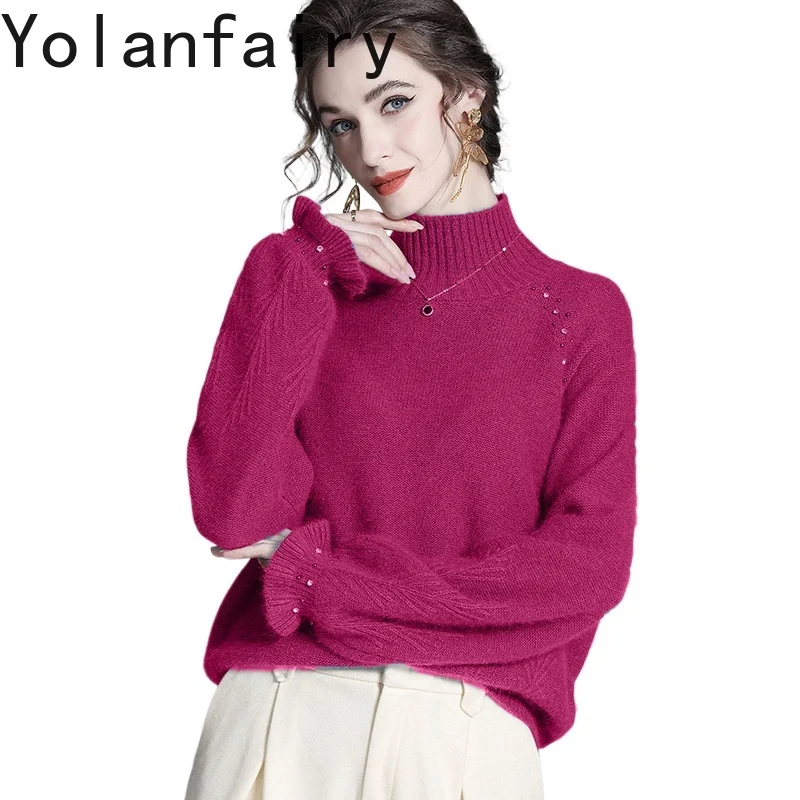 

YOLANFAIRY New Fashion 2025 Cashmere Sweater Woman Autumn Winter Korean Fashion Knitted Sweaters Women Tops High-neck Pullovers