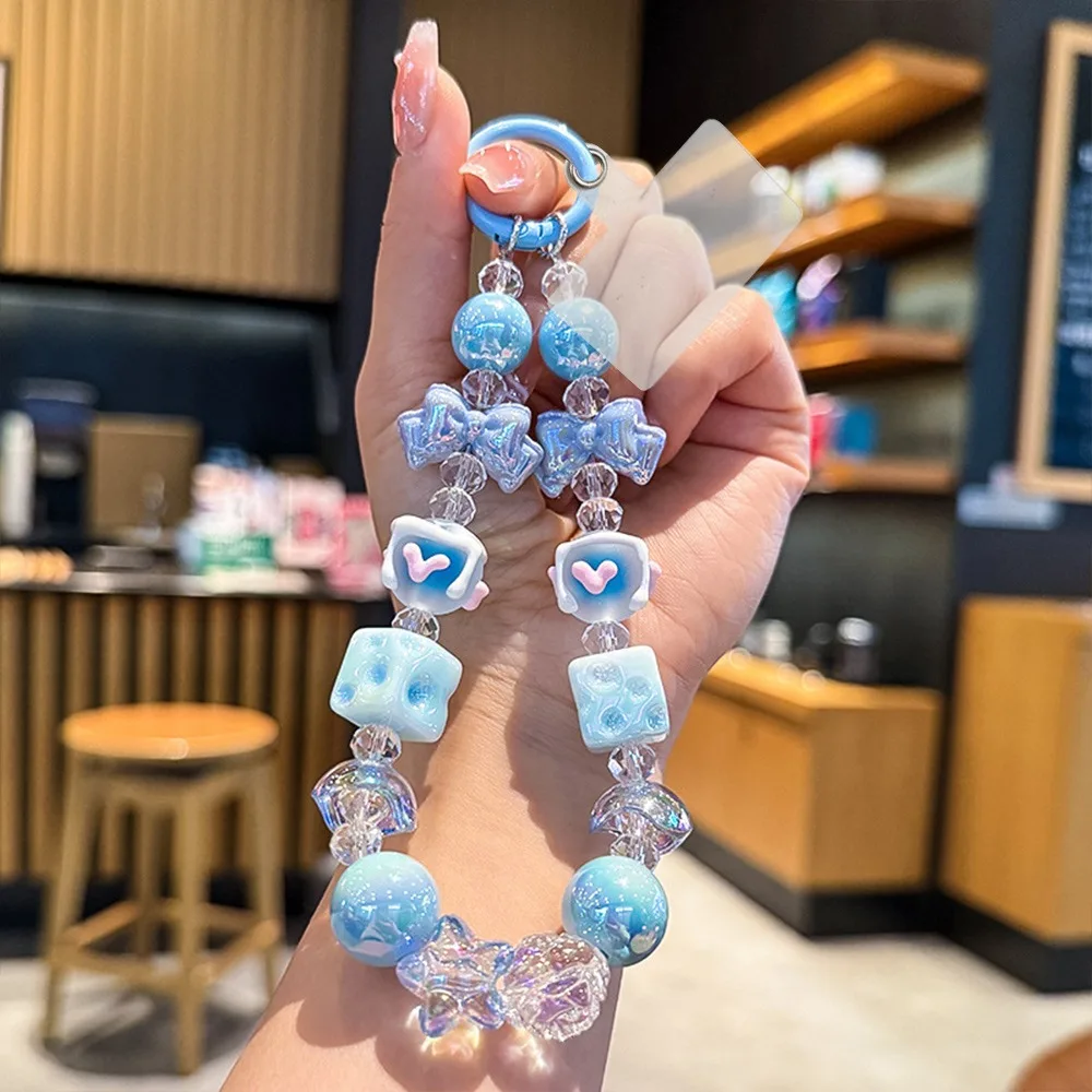 Nouveau porte-clés perlé avec nœud suspendu, boucle en métal, chaîne d'extension, perle dessinée à la main, chaîne de téléphone, cadeau