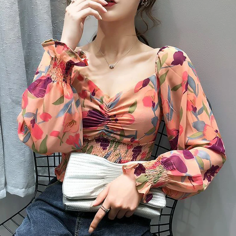 Rimocy Fashion Flowers Printed Chiffon Shirts Women 2024 Summer Long Sleeve Cropped Shirts Woman Vinatge Low Collar Blusas Mujer