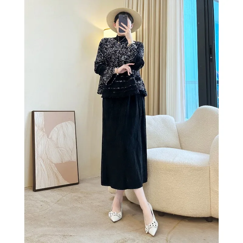 미야케 플리츠 프린트 스커트 세트 2025 이브닝 드레스 우아한 분위기 가을 신상 슬림 탑 + 솔리드 컬러 하프 스커트 세트