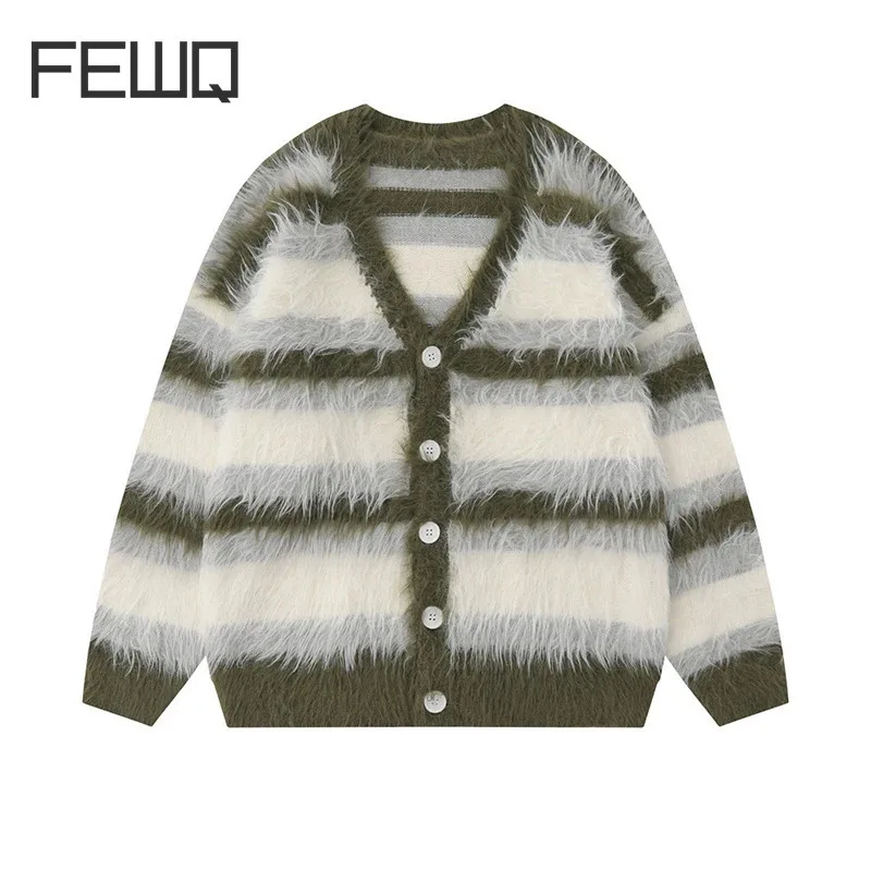 FEWQ Striped Patchwork Plush V-neck Men's Sweater Jacket 2024 Autumn Winter New Loose Casual Woolen Knitted Sweater 24E5259